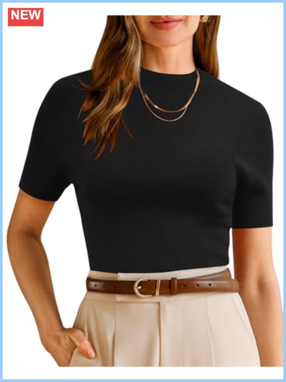 Wool Blend Mock Neck Slim Fit Short Sleeve Sweater Top Work